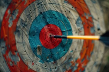 Poster - Yellow arrow hitting the center of an archery target with red and blue rings