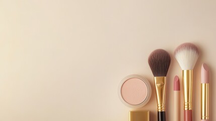 Aufkleber - A selection of cosmetics including lipstick, makeup brushes, and powder is neatly arranged on a soft light background. Generative AI