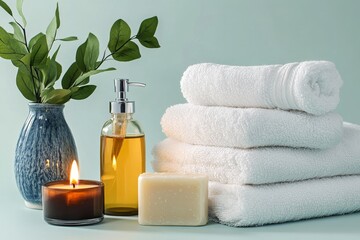 Spa still life, Stack of white bath towels, bottle of soap and burned candle and some vase with green leaves side it, on bright massage salon background