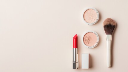 Aufkleber - Cosmetic products including a vibrant lipstick and brushes are neatly arranged on a light background, perfect for a beauty setup. Generative AI