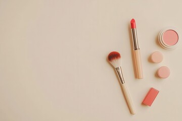 Poster - A carefully arranged selection of cosmetic items, including lipstick, brushes, and powder, displayed on a soft light background. Generative AI