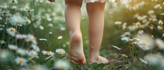 Wall Mural - Back view of toddler legs waking bare feet through flowering meadow 