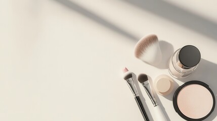 Aufkleber - A curated selection of lipstick, makeup brushes, and powder features a minimalist aesthetic on a clean light background. Generative AI