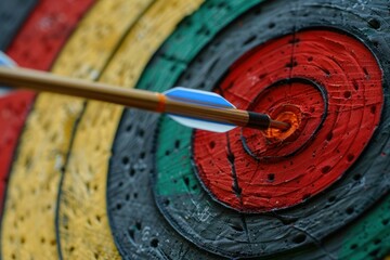 Poster - Arrow is hitting the very center of an archery target, symbolizing success, achievement of goals, and precision