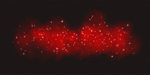 Wall Mural - red magic smoke with stars and sparkles, fog with glowing particles, colorful vapor with star dust. 