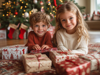 Wall Mural - A magical Christmas morning scene with children excitedly opening presents under the tree, surrounded by holiday joy