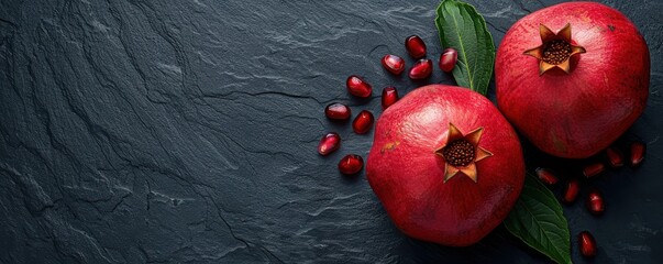 Close-up of a red pomegranate on a dark background, highlighting its rich texture and color. Free copy space for banner.