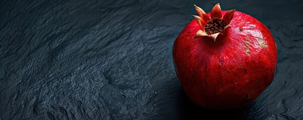 Close-up of a red pomegranate on a dark background, highlighting its rich texture and color. Free copy space for banner.