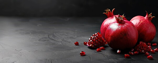 Close-up of a red pomegranate on a dark background, highlighting its rich texture and color. Free copy space for banner.