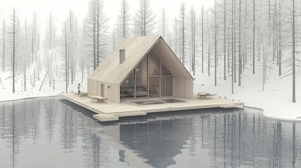 Wall Mural - Modern Wooden Cabin on a Lake in the Winter