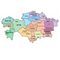  labeled map of administrative regions of Kazakhstan