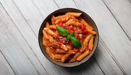 A bowl of penne pasta is centered in the photo, topped with a red tomato-based sauce, grated cheese, and two fresh basil leaves. The bowl sits on a wooden surface with visible grain.