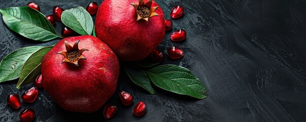 Close-up of a red pomegranate on a dark background, highlighting its rich texture and color. Free copy space for banner.