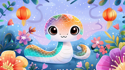 Cartoon snake with colorful patterns in a floral background bringing cuteness and charm