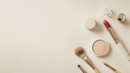 Aufkleber - A stylish layout of cosmetics including lipstick, makeup brushes, and powder creates a sophisticated beauty display on a light background. Generative AI