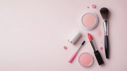 Poster - A carefully curated selection of cosmetic products including lipstick, brushes, and powder displayed on a soft, light background. Generative AI