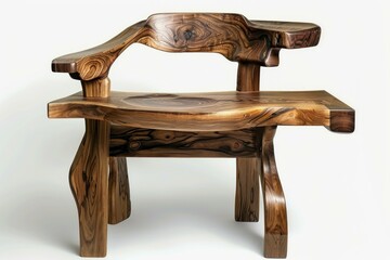 Poster - Designer wooden chair is standing on a white background, its organic shape and polished wood catching the light