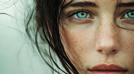 Wall Mural - Close-up of a Woman's Face with Freckles and Blue Eyes