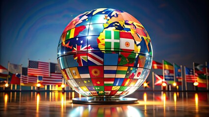 A majestic illuminated globe on a reflective surface, surrounded by miniature national flags, highlighting diverse countries and cultures in a symbol of global unity.