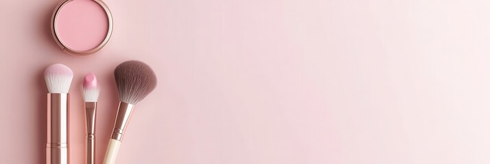 Aufkleber - A chic arrangement of lipstick, makeup brushes, and powder sits elegantly on a soft light background, showcasing beauty essentials. Generative AI
