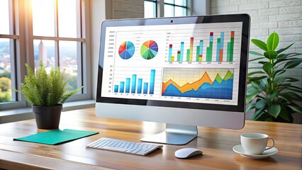 A modern computer screen displays a dashboard with colorful charts and graphs, showcasing website analytics, ratings, and metrics, with a subtle grid background.