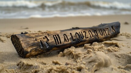 A modern interpretation of a rune stave, composed of various runes like , burned into a piece of driftwood.