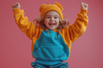 Wall Mural - Cheerful Son in Blue Sweatshirt Jumping High, Showing Muscles Against Pink Background