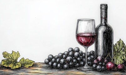 A simple line drawing of a wine bottle, glass, and grapes on the right side of a white background with blank space for text