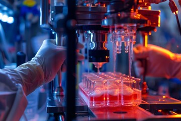 Poster - Laboratory technician operating a multichannel pipette during scientific experiment