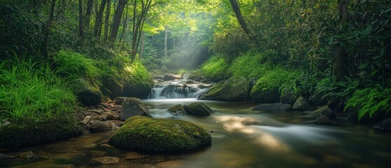 Sunlit Stream Through a Lush Forest