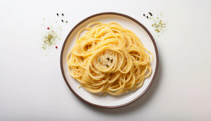 A neatly plated serving of spaghetti topped with Parmesan cheese and black pepper, served on a round white plate, viewed from above with black peppercorns scattered on the side.