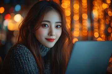 Happy young woman working remotely on virtual video team meeting call, remote work and flexible culture concept, smiling Asian female digital nomad freelancing on laptop from home, copy space