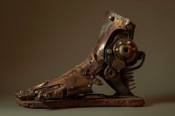 Poster - Steampunk inspired prosthetic foot made of copper and steel is illuminated by warm light against a neutral background