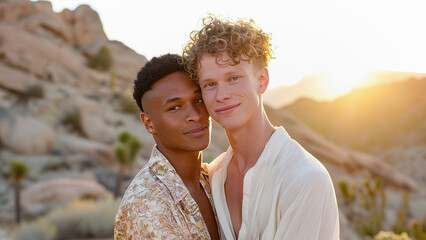 Portrait of a handsome young multiracial gay couple in a Nevada xeriscape garden at sunset