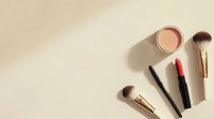 Poster - A carefully arranged selection of cosmetic items including lipstick, makeup brushes, and powder sits on a light, neutral backdrop. Generative AI
