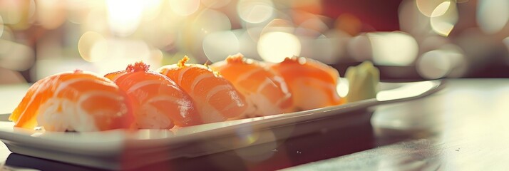 Poster - Vintage Style Natural Lighting and Shadow Blurred Salmon Sushi Served on a White Plate