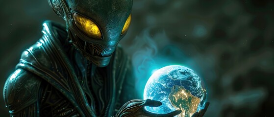 Wall Mural - alien in space, holding blue neon earth, scifi fantasy concept