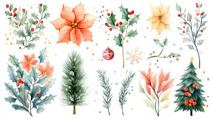 Wall Mural - set of christmas watercolor elements on white background