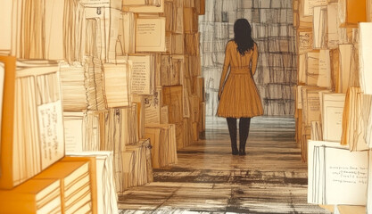 Wall Mural - A woman walks through a room full of boxes