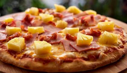 A Hawaiian pizza with large pineapple chunks, ham slices, and melted cheese, baked on a golden-brown crust, viewed in close-up from an angle.