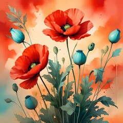 Wall Mural - Red Poppy Flowers Digital Painting Beautiful Abstract Floral Background Graphic Design