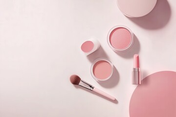 Aufkleber - A stylish display of cosmetic items including lipstick, makeup brushes, and powder in soft pink hues on a light background. Generative AI