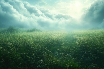 Wall Mural - Tranquil Green Sky Over Expansive Grassland: Serene Nature Backgrounds for Landscapes and Scenes