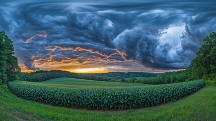 An enchanting landscape of a cornfield at dusk after the rain, under an intensely cloudy sky, cornfield, dusk