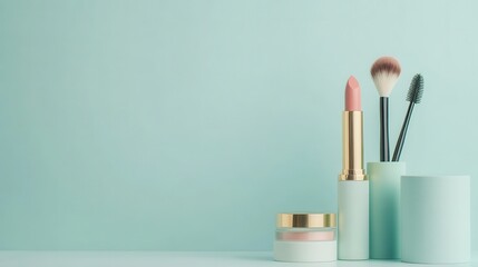 Aufkleber - A carefully arranged set of cosmetic products features a lipstick, makeup brushes, and powder on a light surface, perfect for beauty lovers. Generative AI