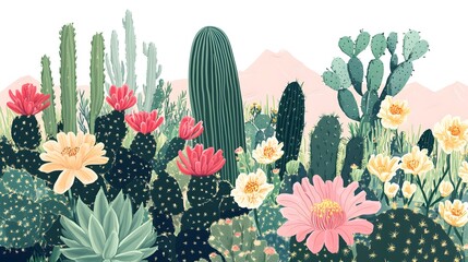 Wall Mural - Botanical Desert Garden, Saguaro and flowering cactus. Digital Illustration of succulents.
