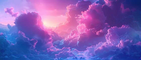 Wall Mural - Vibrant neon blue and purple clouds in a surreal, cosmic sky. Dreamy fantasy landscape. Free copy space for text.