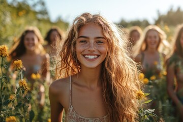 Wall Mural - Joyful Group of Friends Embracing Sunshine, Youthful Adventures, and Fun in the Great Outdoors