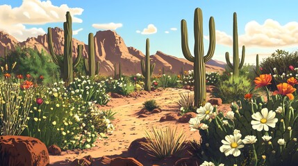 Wall Mural - Botanical Desert Garden, Saguaro and flowering cactus. Digital Illustration of succulents.
