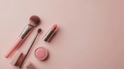 Aufkleber - An organized display of cosmetic essentials, including lipstick, brushes, and powder, set against a soft light background for inspiration. Generative AI